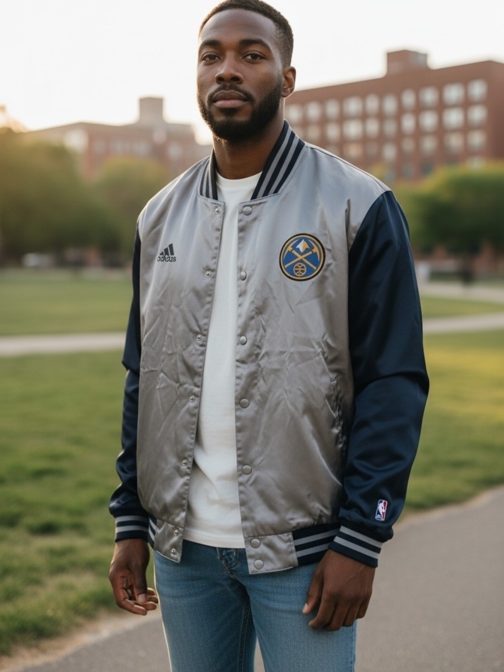 ​VTG Adidas Denver Nuggets NBA Silver Satin Warmup Bomber Jacket - Men's XL